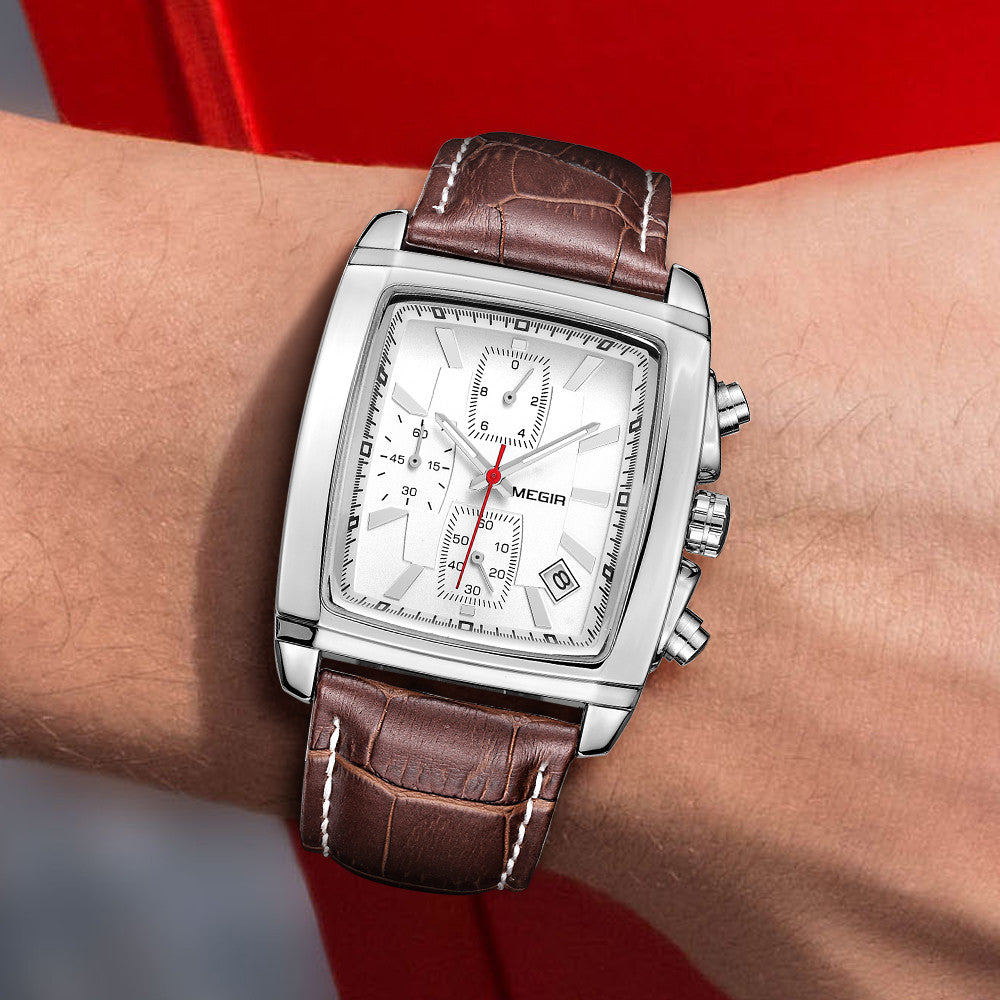 Mens rectangular military quartz watch with zinc alloy case and genuine leather strap — view 2