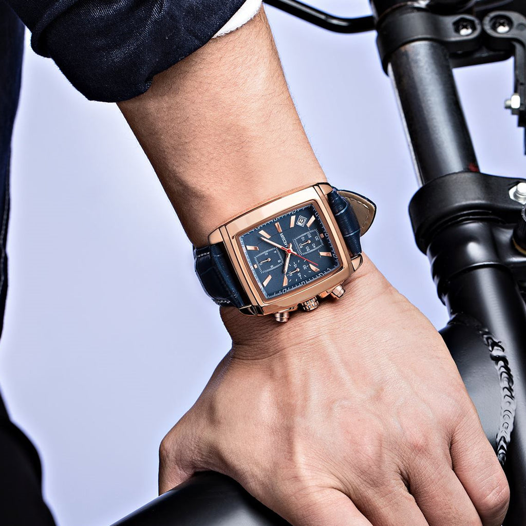 Mens rectangular military quartz watch with zinc alloy case and genuine leather strap — view 8