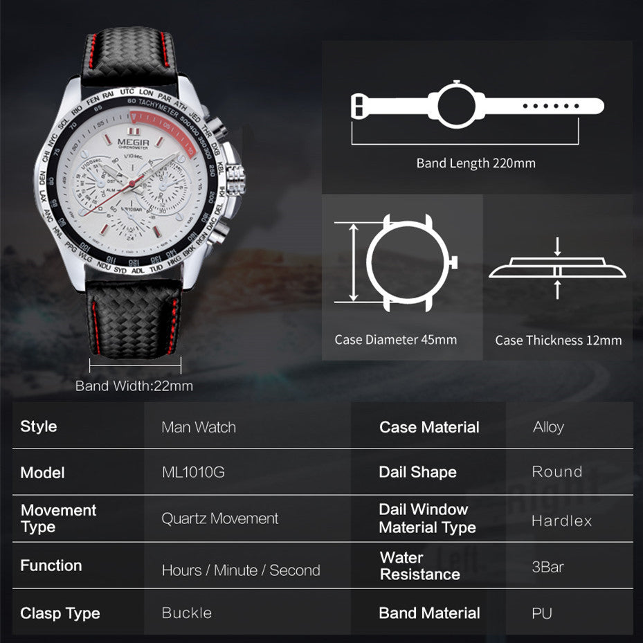 Men's multifunction sports watch featuring a zinc alloy case, quartz movement, and PU leather strap. — view 5