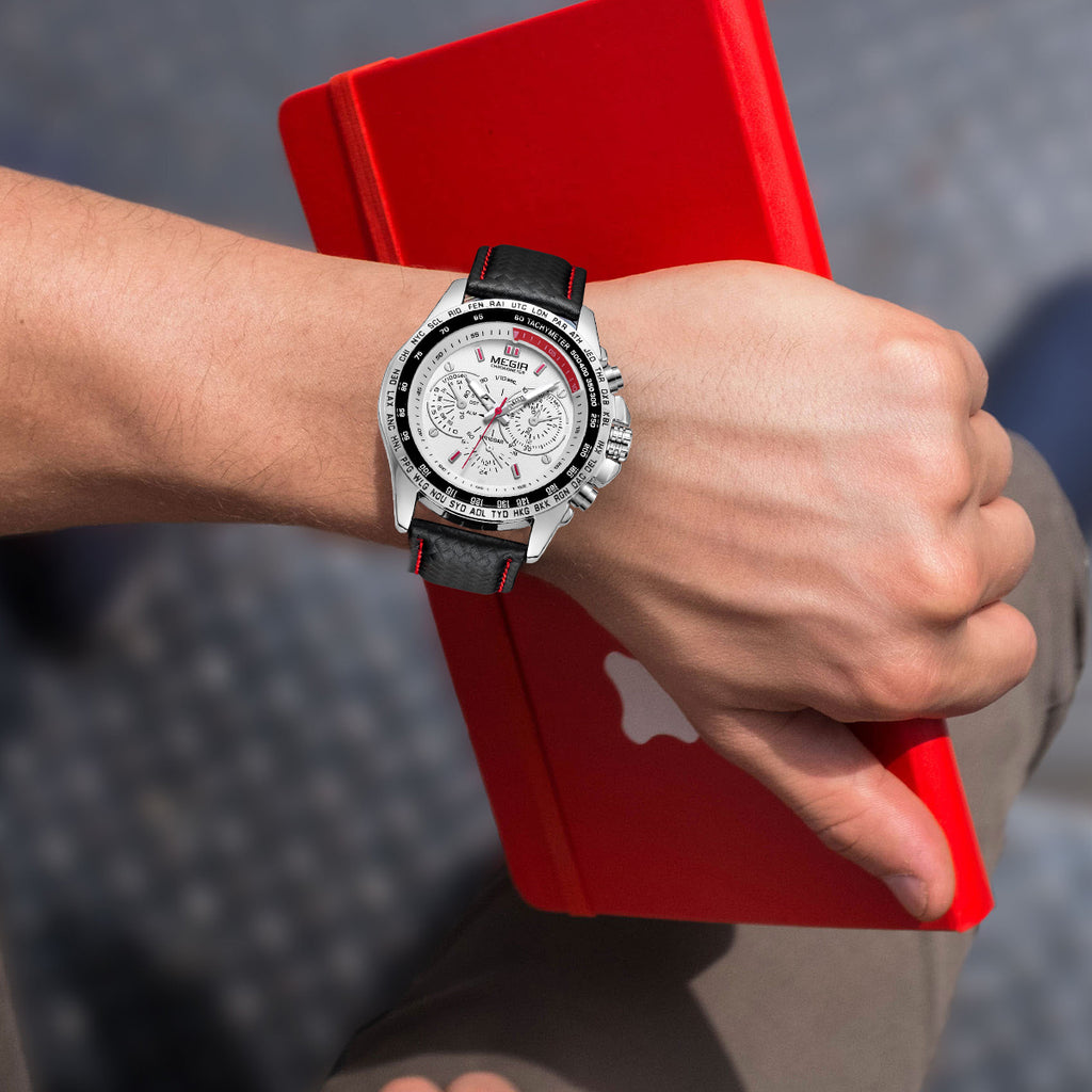 Men's multifunction sports watch featuring a zinc alloy case, quartz movement, and PU leather strap. — view 2
