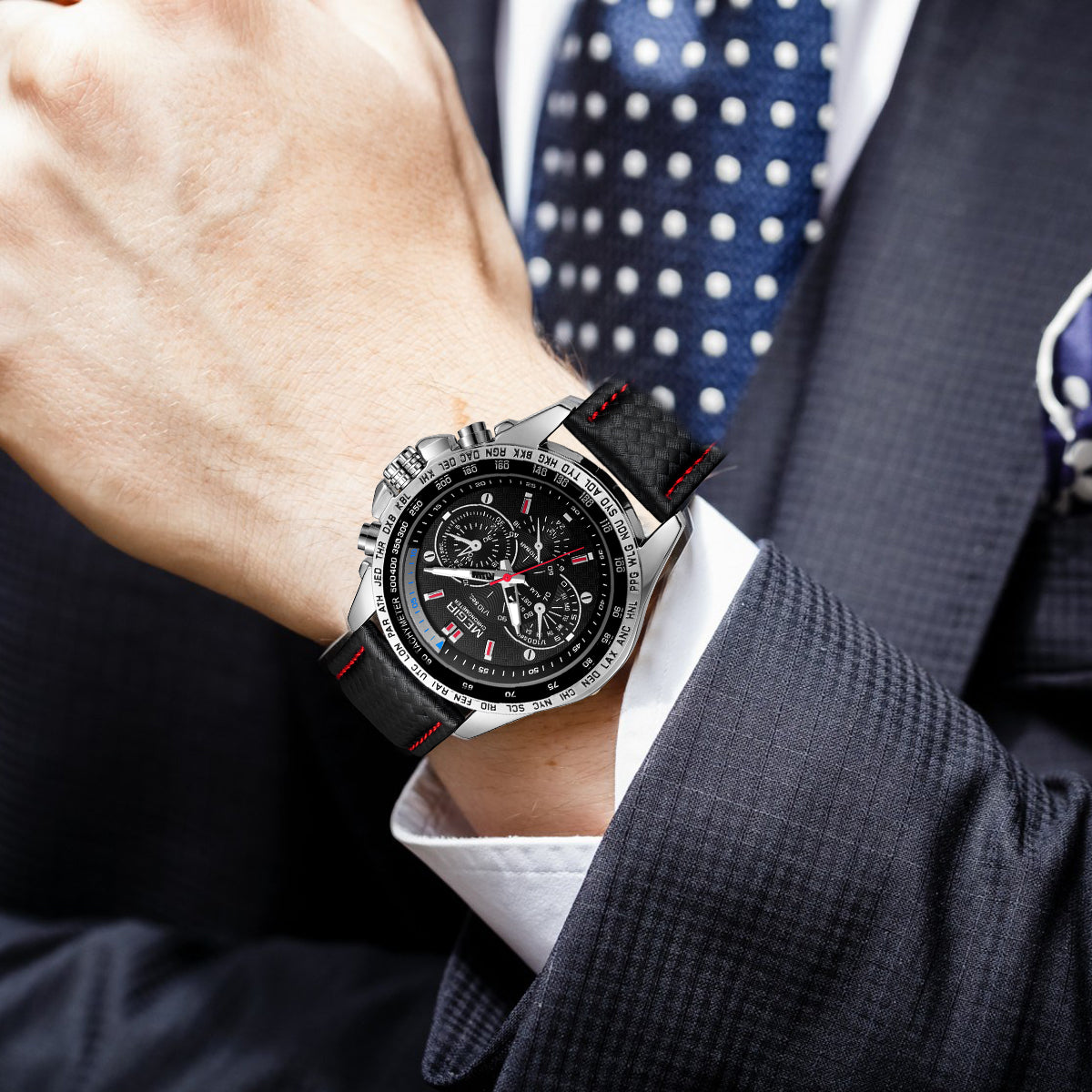 Men's multifunction sports watch featuring a zinc alloy case, quartz movement, and PU leather strap. — view 4
