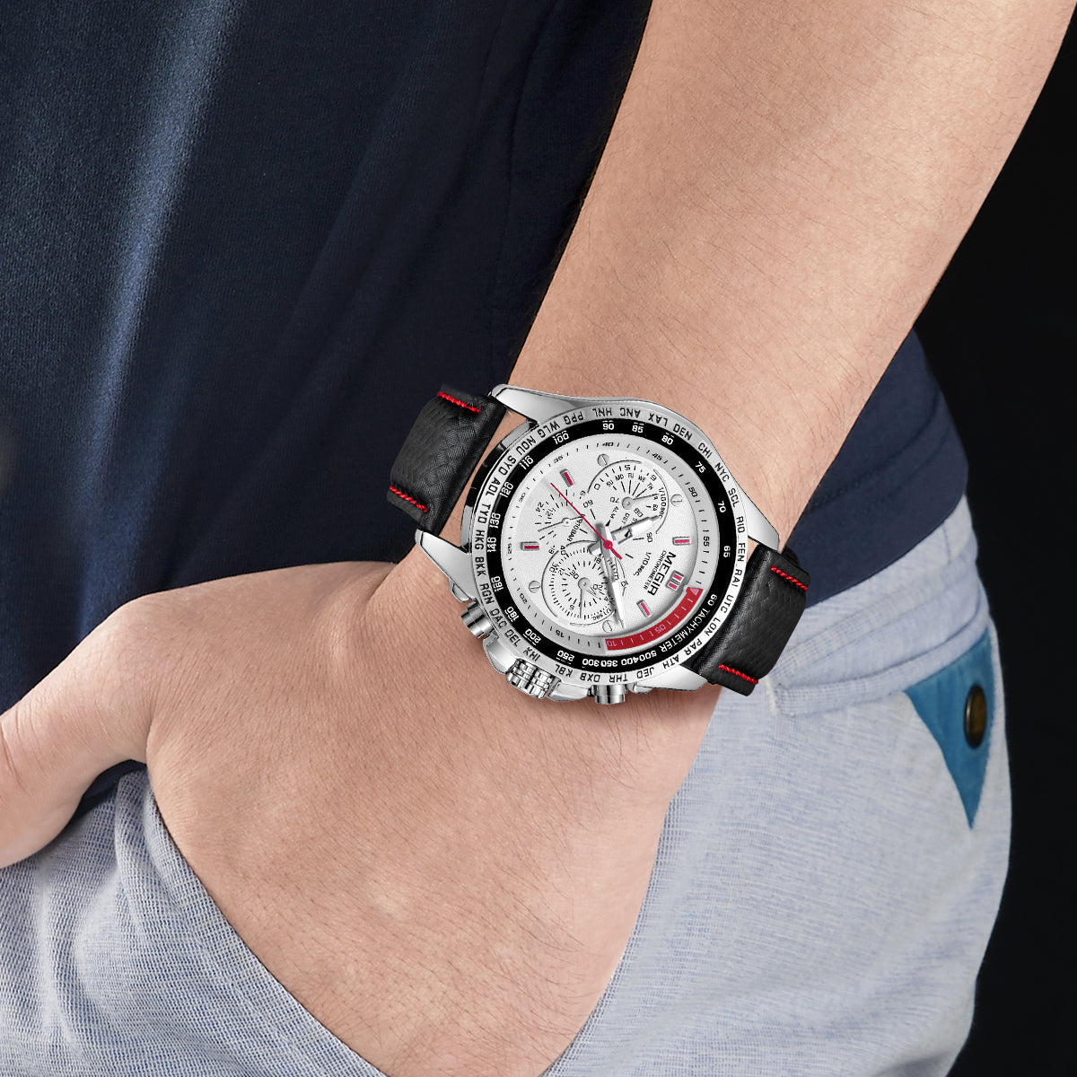 Men's multifunction sports watch featuring a zinc alloy case, quartz movement, and PU leather strap. — view 3