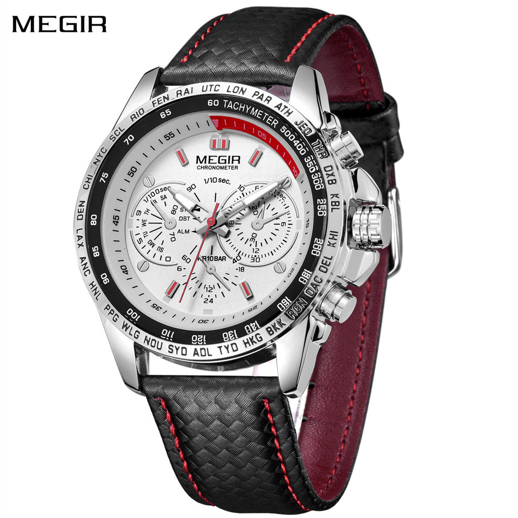Men's multifunction sports watch featuring a zinc alloy case, quartz movement, and PU leather strap.
