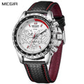 Men's multifunction sports watch featuring a zinc alloy case, quartz movement, and PU leather strap.