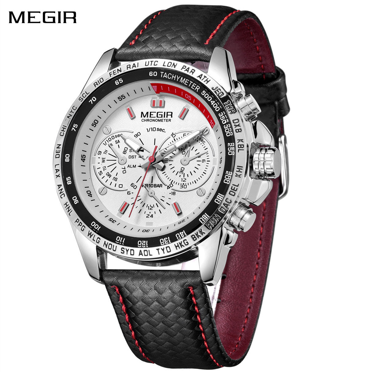Men's multifunction sports watch featuring a zinc alloy case, quartz movement, and PU leather strap.