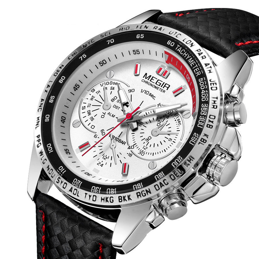 Men's multifunction sports watch featuring a zinc alloy case, quartz movement, and PU leather strap. — view 9