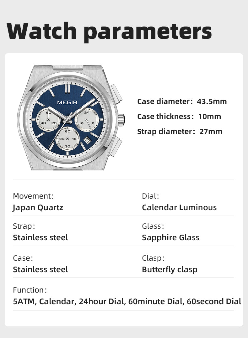 MEGIR Men's Business Watches Original Analogue Quartz Wrist Watch Luminous 5ATM Waterproof Steel Large Dial Clock Reloj Hombre 8402-5