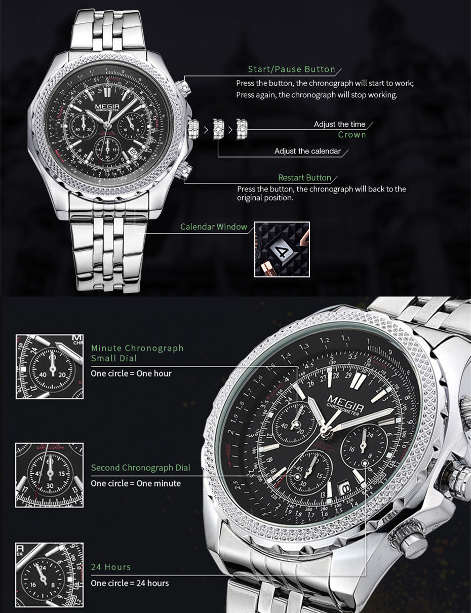 MEGIR Fashion Business Men's Watch Stainless Steel Quartz Wristwatch Calendar Big Dial Man Military Sports Chronograph Clock 2006-3