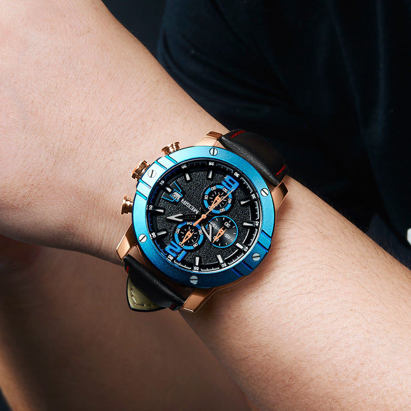 MEGIR men's quartz chronograph watch with a genuine leather strap and zinc alloy case — view 2