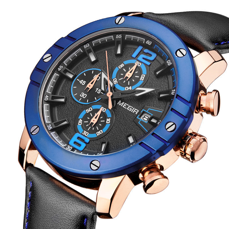 MEGIR men's quartz chronograph watch with a genuine leather strap and zinc alloy case — view 8