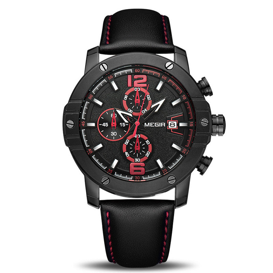 MEGIR men's quartz chronograph watch with a genuine leather strap and zinc alloy case — view 9
