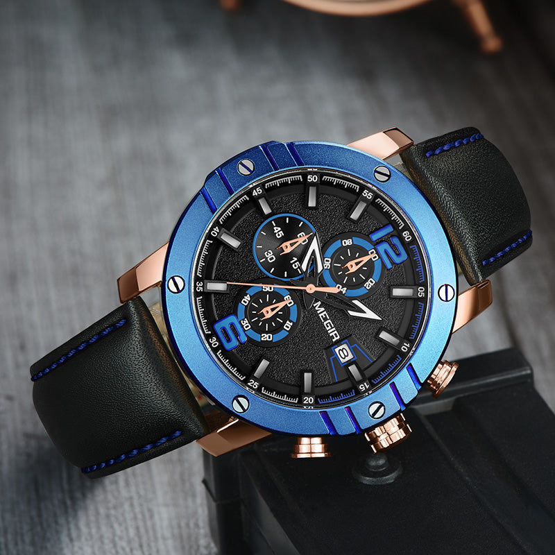 MEGIR men's quartz chronograph watch with a genuine leather strap and zinc alloy case — view 3