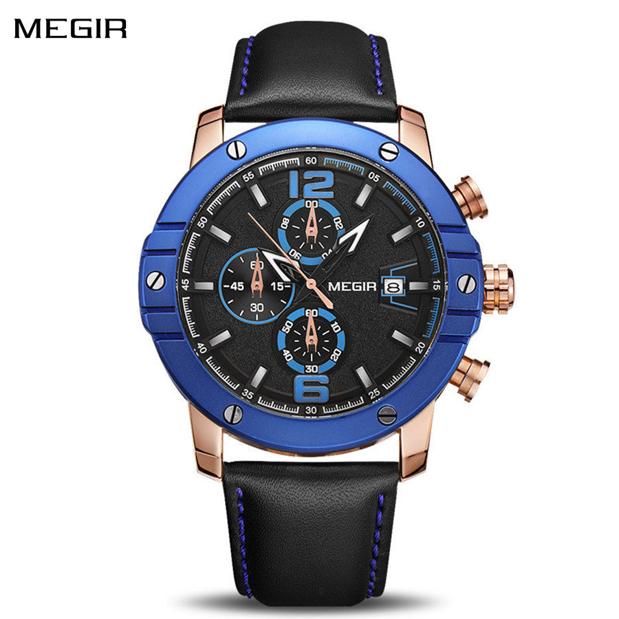MEGIR men's quartz chronograph watch with a genuine leather strap and zinc alloy case