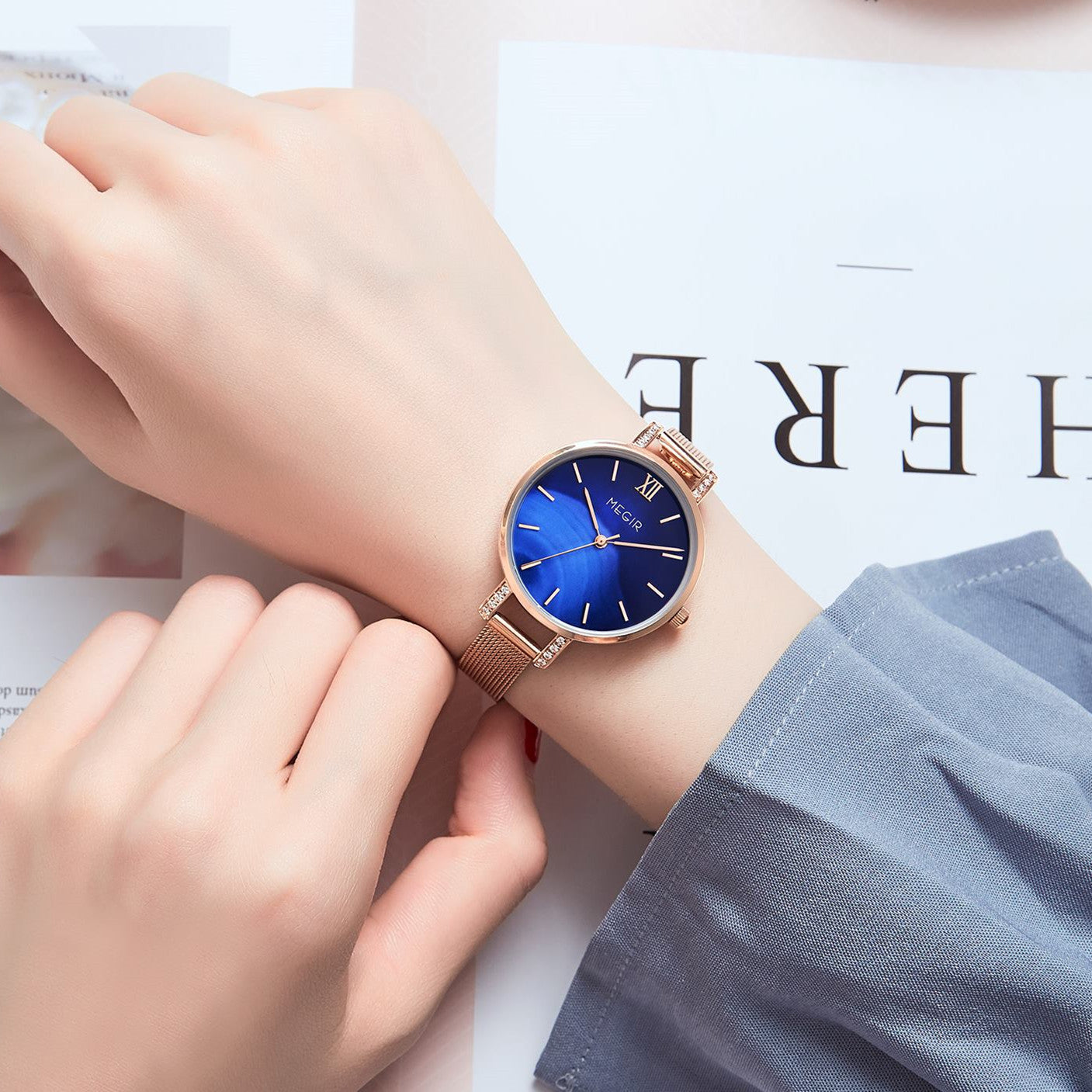 MEGIR women's luxury quartz wristwatch with a slim brass case and elegant steel mesh band — view 3