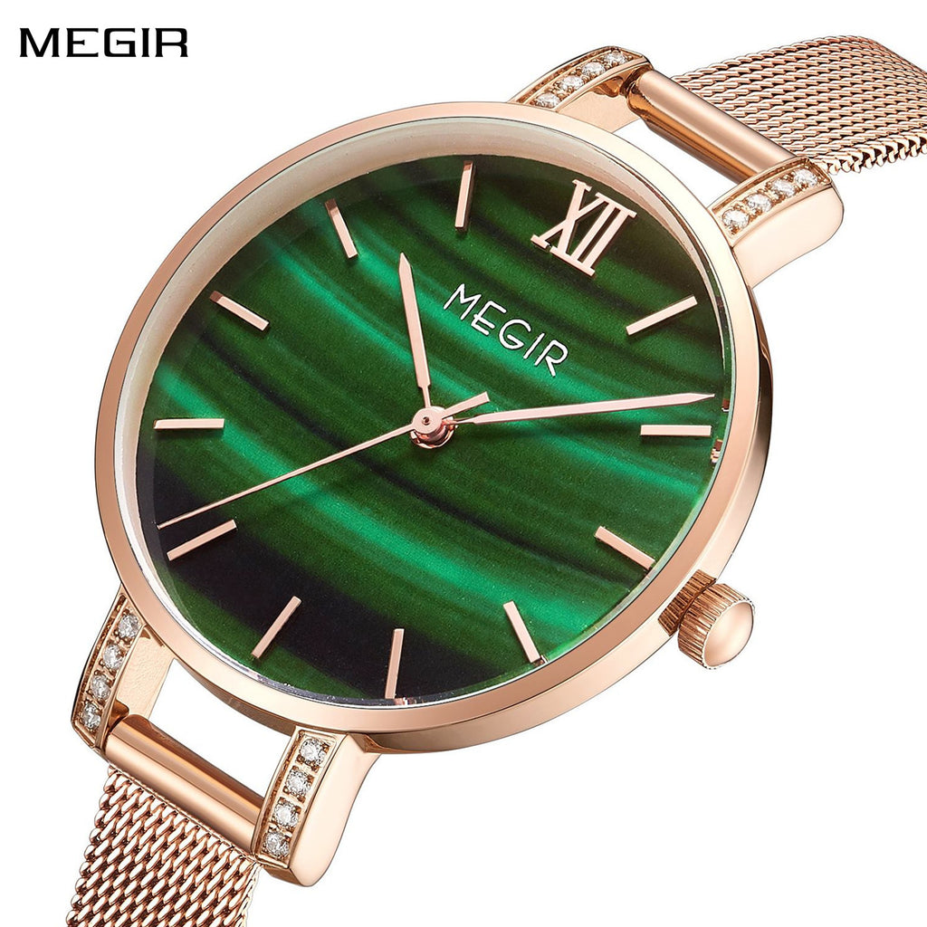 MEGIR women's luxury quartz wristwatch with a slim brass case and elegant steel mesh band