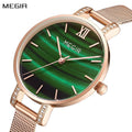 MEGIR women's luxury quartz wristwatch with a slim brass case and elegant steel mesh band