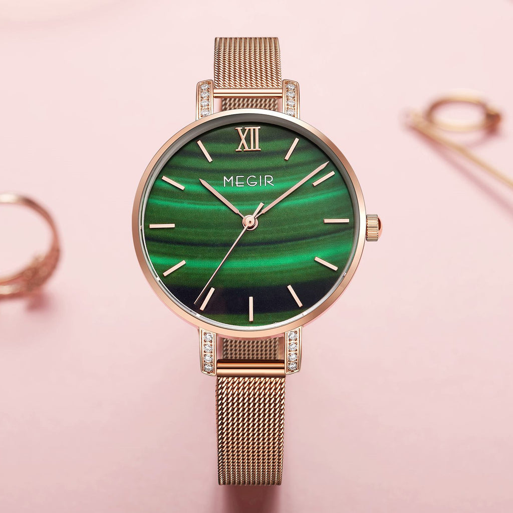 MEGIR women's luxury quartz wristwatch with a slim brass case and elegant steel mesh band — view 6