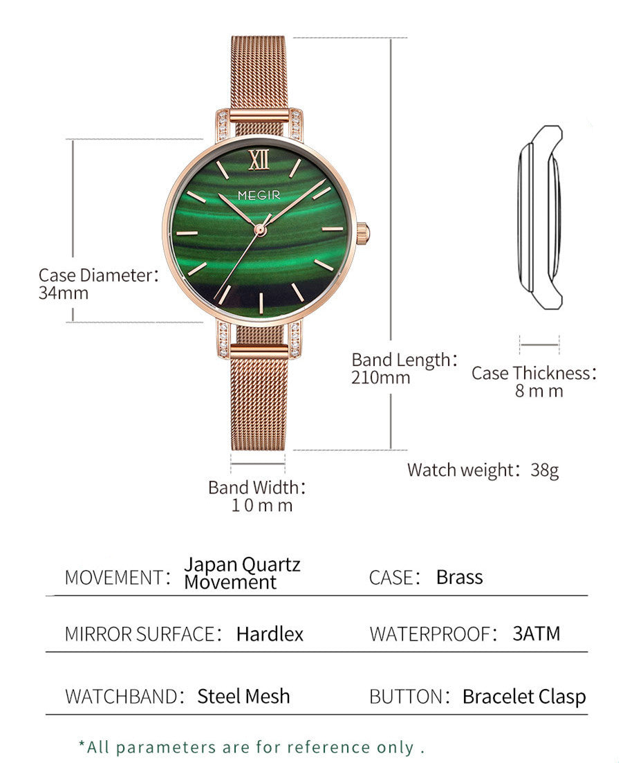 MEGIR women's luxury quartz wristwatch with a slim brass case and elegant steel mesh band — view 11