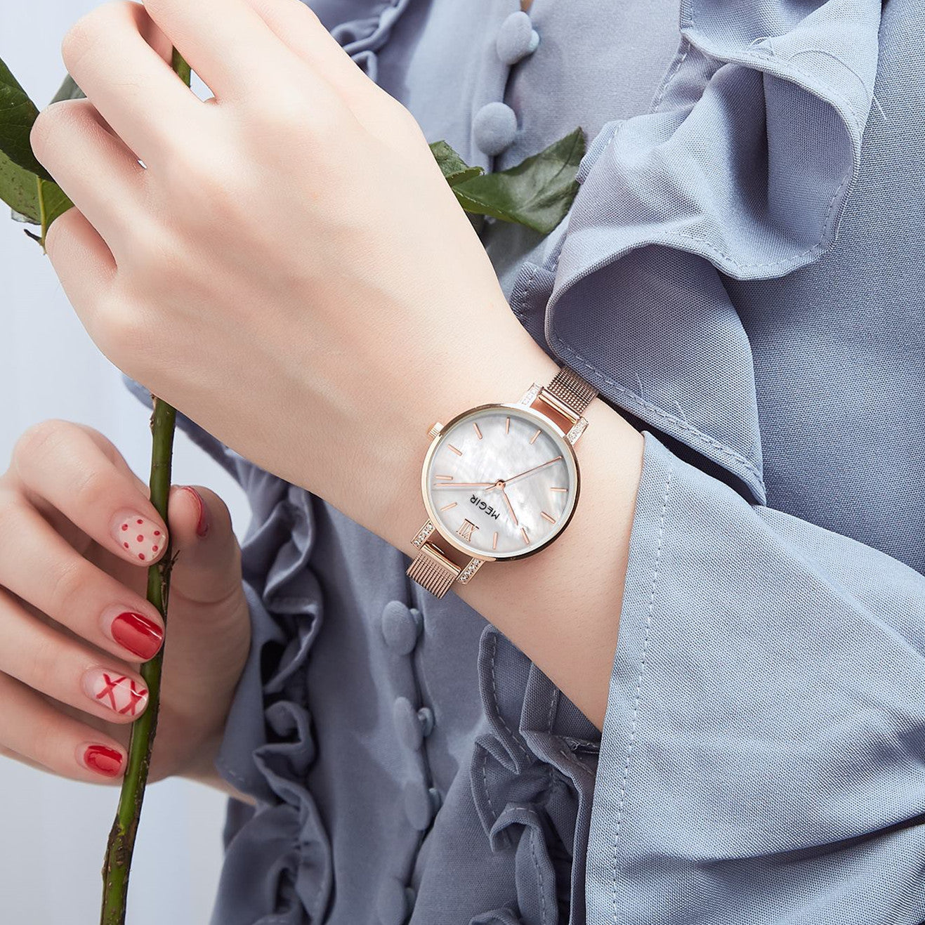 MEGIR women's luxury quartz wristwatch with a slim brass case and elegant steel mesh band — view 4