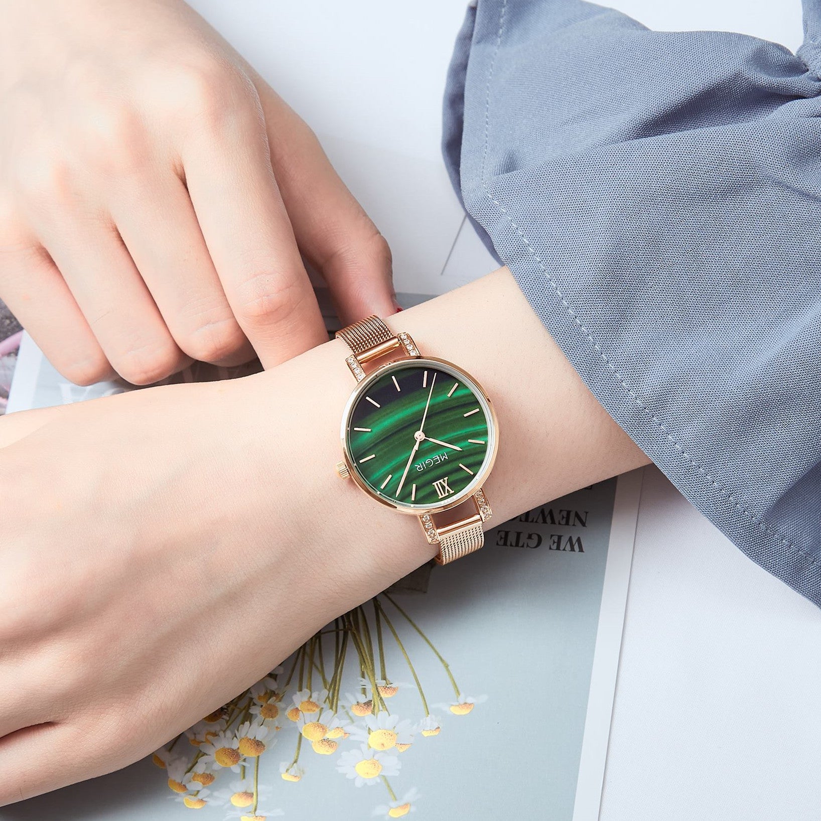 MEGIR women's luxury quartz wristwatch with a slim brass case and elegant steel mesh band — view 2