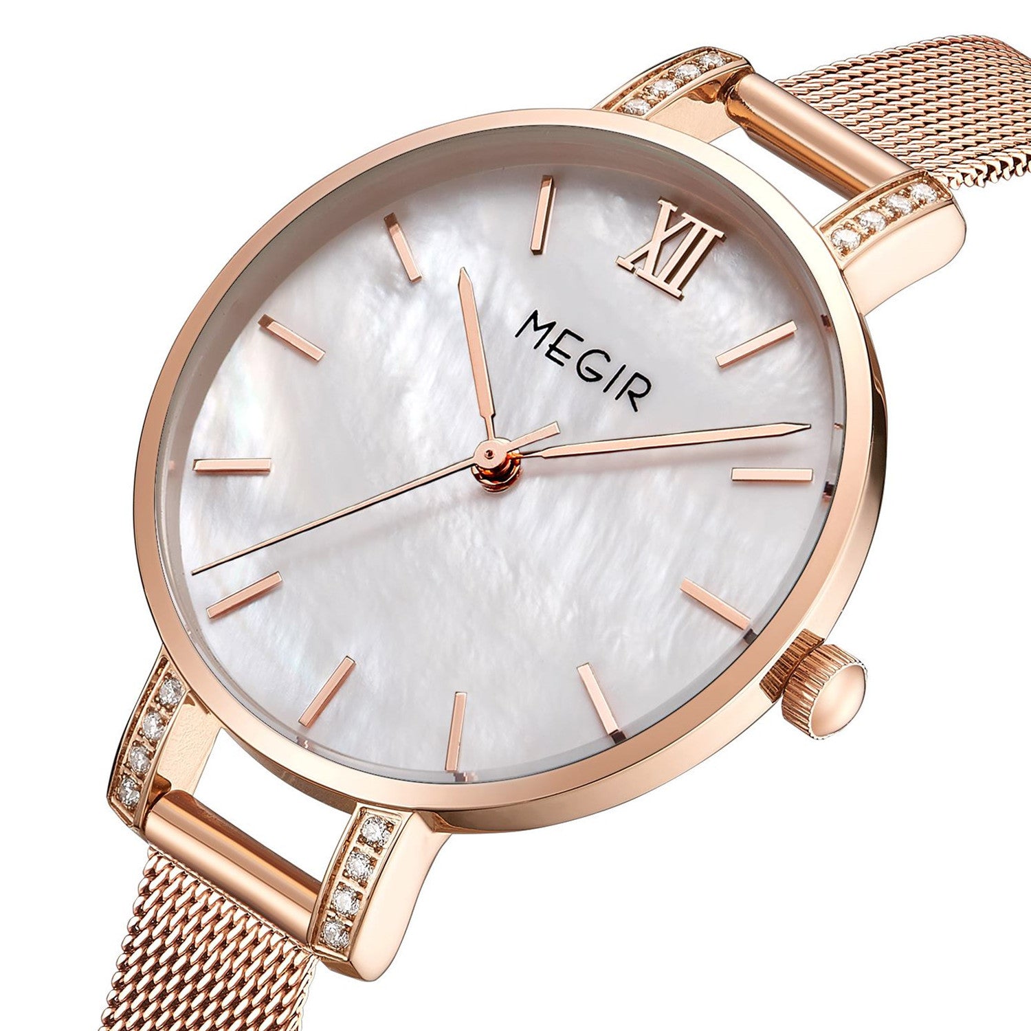 MEGIR women's luxury quartz wristwatch with a slim brass case and elegant steel mesh band — view 8