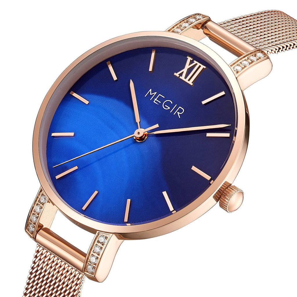 MEGIR women's luxury quartz wristwatch with a slim brass case and elegant steel mesh band — view 9
