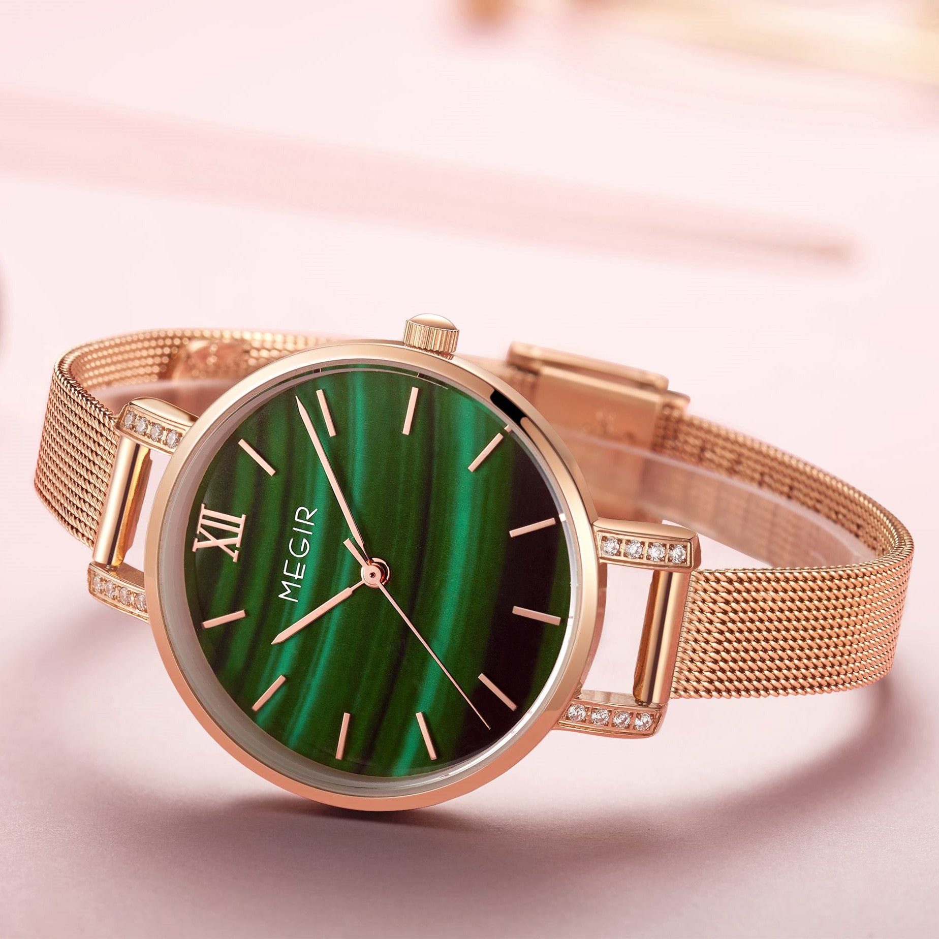 MEGIR women's luxury quartz wristwatch with a slim brass case and elegant steel mesh band — view 7