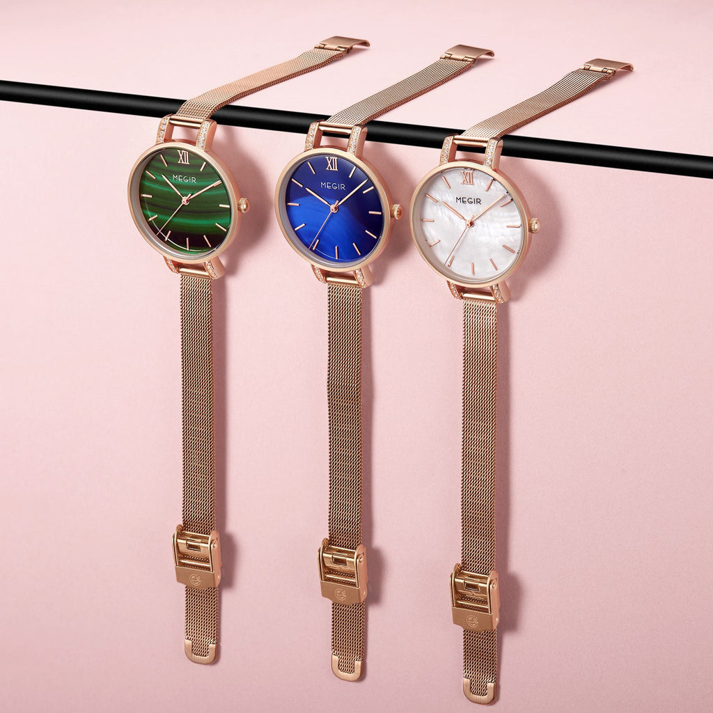 MEGIR women's luxury quartz wristwatch with a slim brass case and elegant steel mesh band — view 5