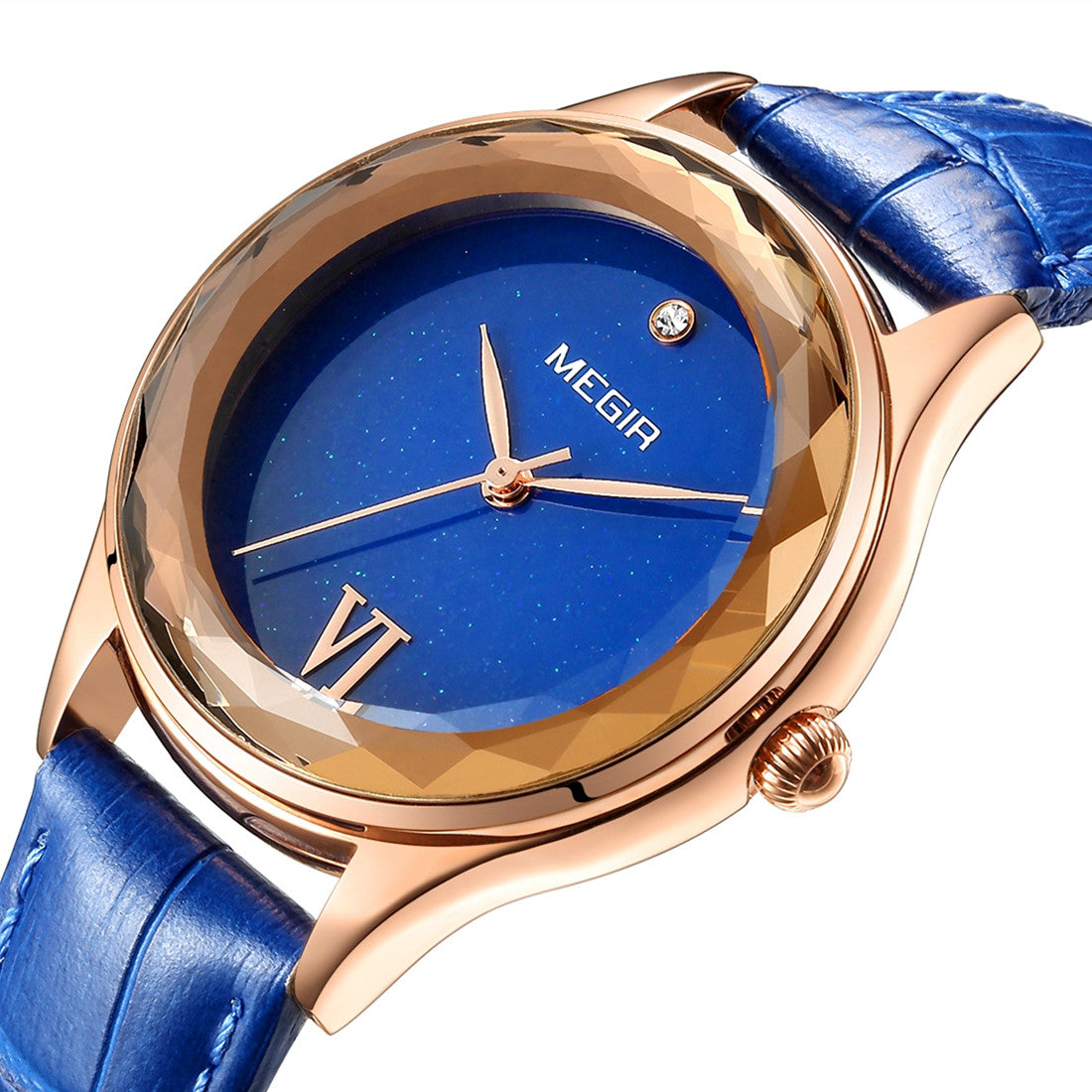 Megir women's quartz watch featuring a simple dial, leather band, and polished brass case — view 5