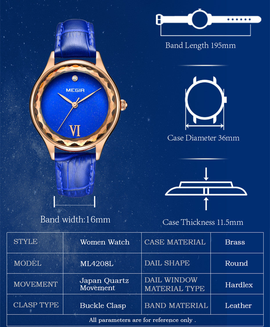 Megir women's quartz watch featuring a simple dial, leather band, and polished brass case — view 8