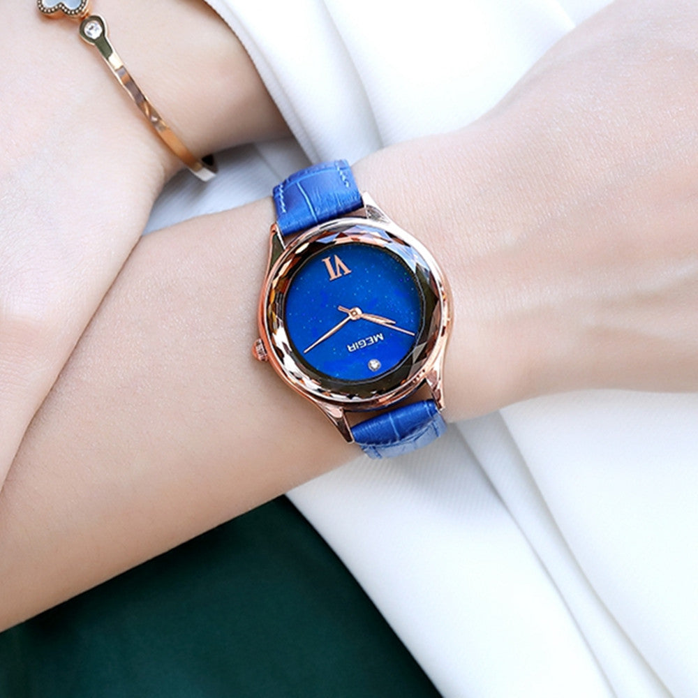 Megir women's quartz watch featuring a simple dial, leather band, and polished brass case — view 3
