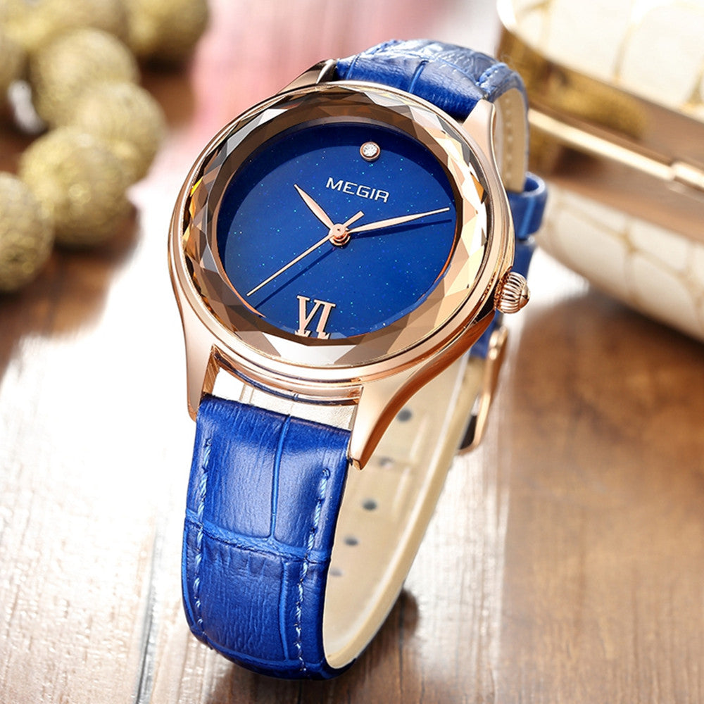 Megir women's quartz watch featuring a simple dial, leather band, and polished brass case — view 4