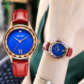 Megir women's quartz watch featuring a simple dial, leather band, and polished brass case