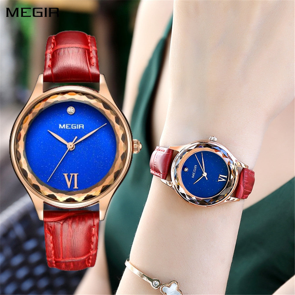 Megir women's quartz watch featuring a simple dial, leather band, and polished brass case