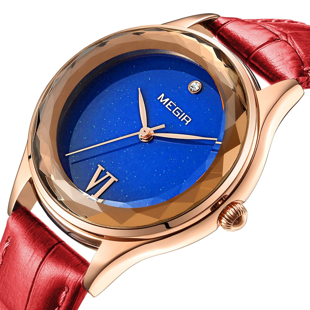 Megir women's quartz watch featuring a simple dial, leather band, and polished brass case — view 6