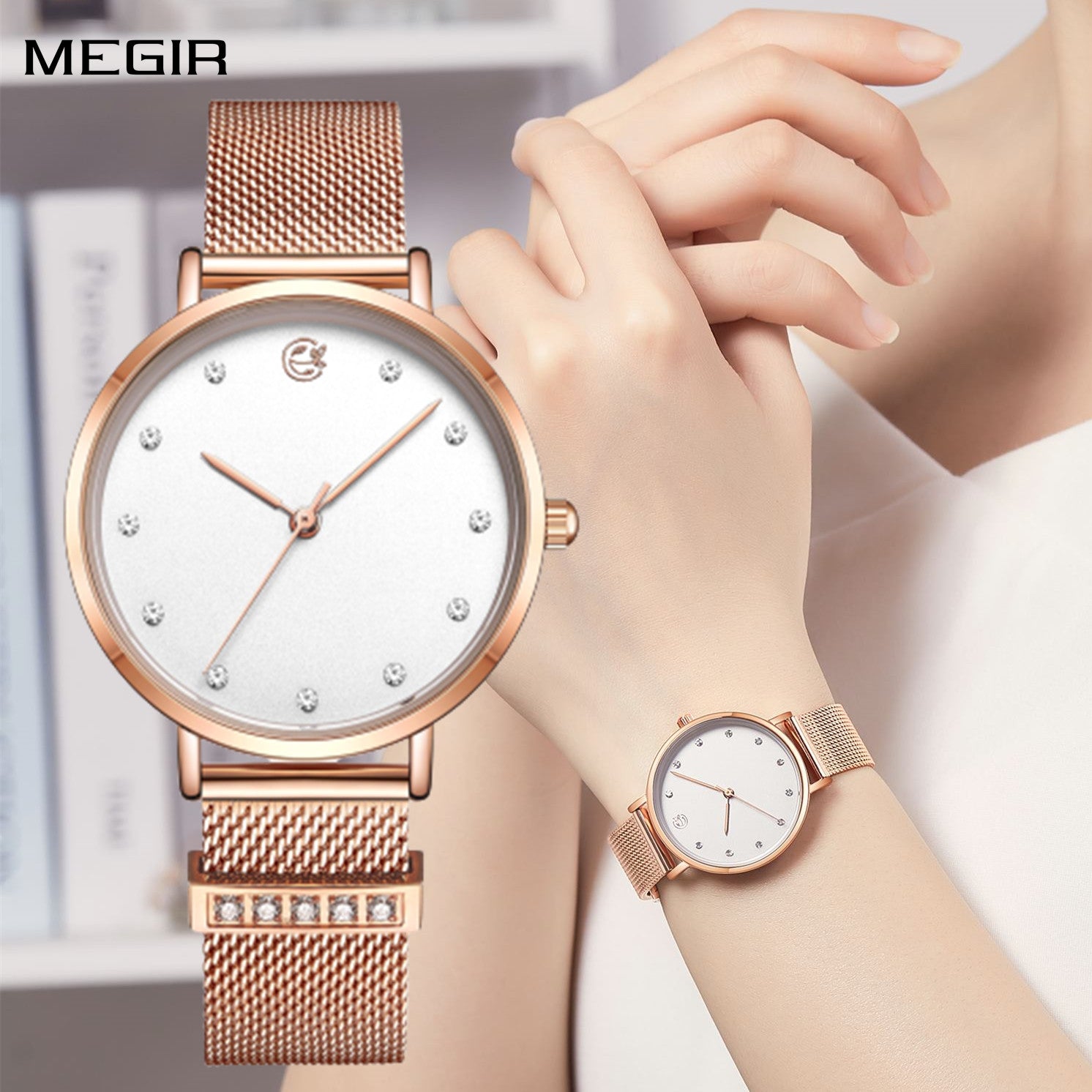Megir women's quartz watch with elegant steel mesh bracelet and polished brass case.