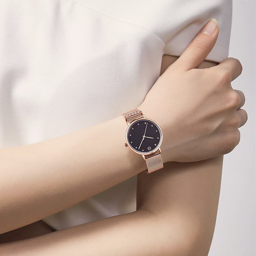Megir women's quartz watch with elegant steel mesh bracelet and polished brass case. — view 3