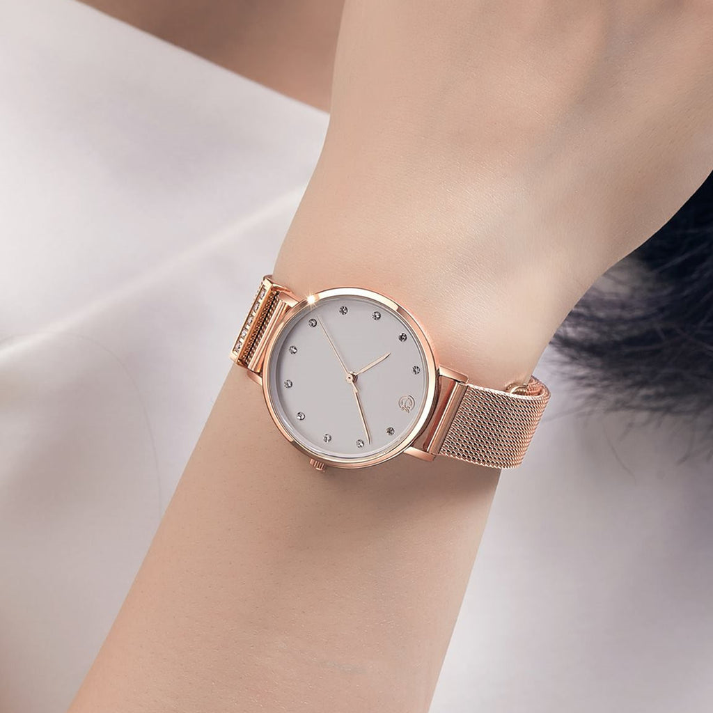 Megir women's quartz watch with elegant steel mesh bracelet and polished brass case. — view 2