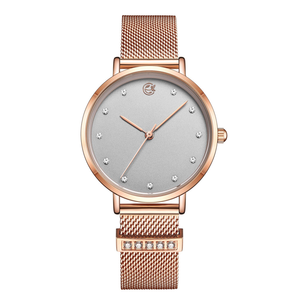 Megir women's quartz watch with elegant steel mesh bracelet and polished brass case. — view 8