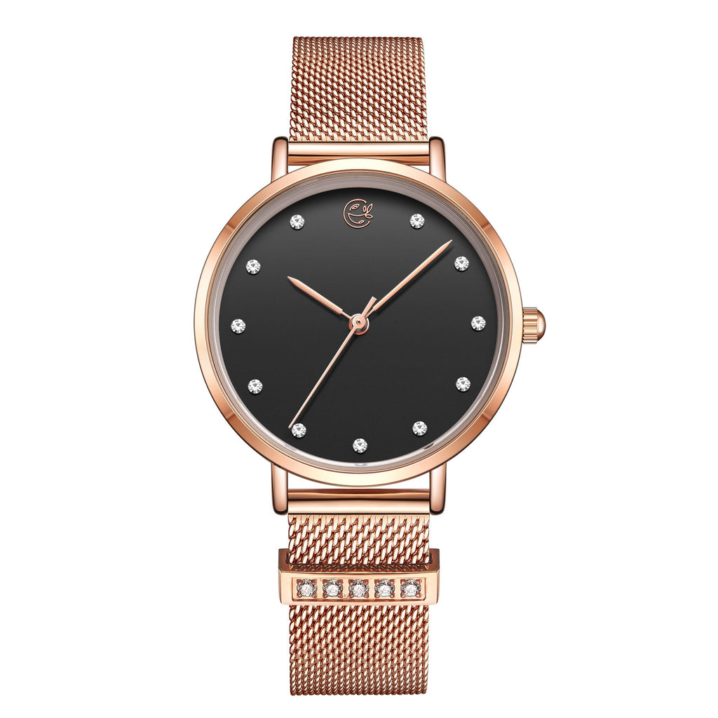 Megir women's quartz watch with elegant steel mesh bracelet and polished brass case. — view 9