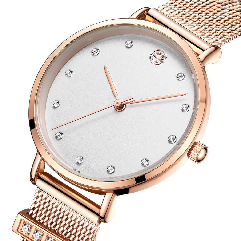 Megir women's quartz watch with elegant steel mesh bracelet and polished brass case. — view 6