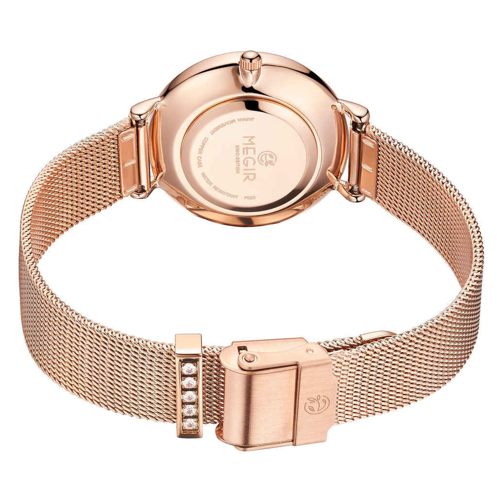 Megir women's quartz watch with elegant steel mesh bracelet and polished brass case. — view 10