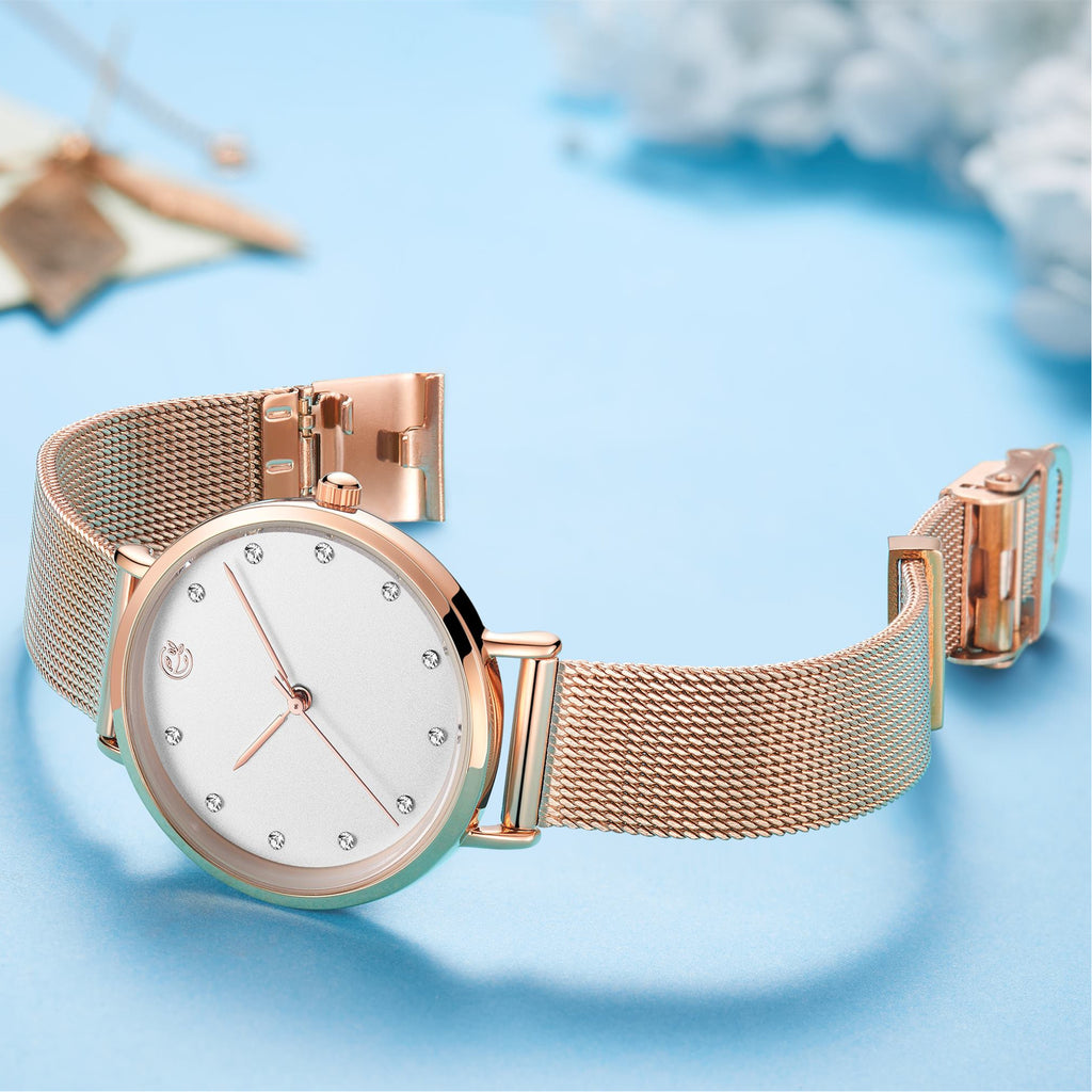 Megir women's quartz watch with elegant steel mesh bracelet and polished brass case. — view 4