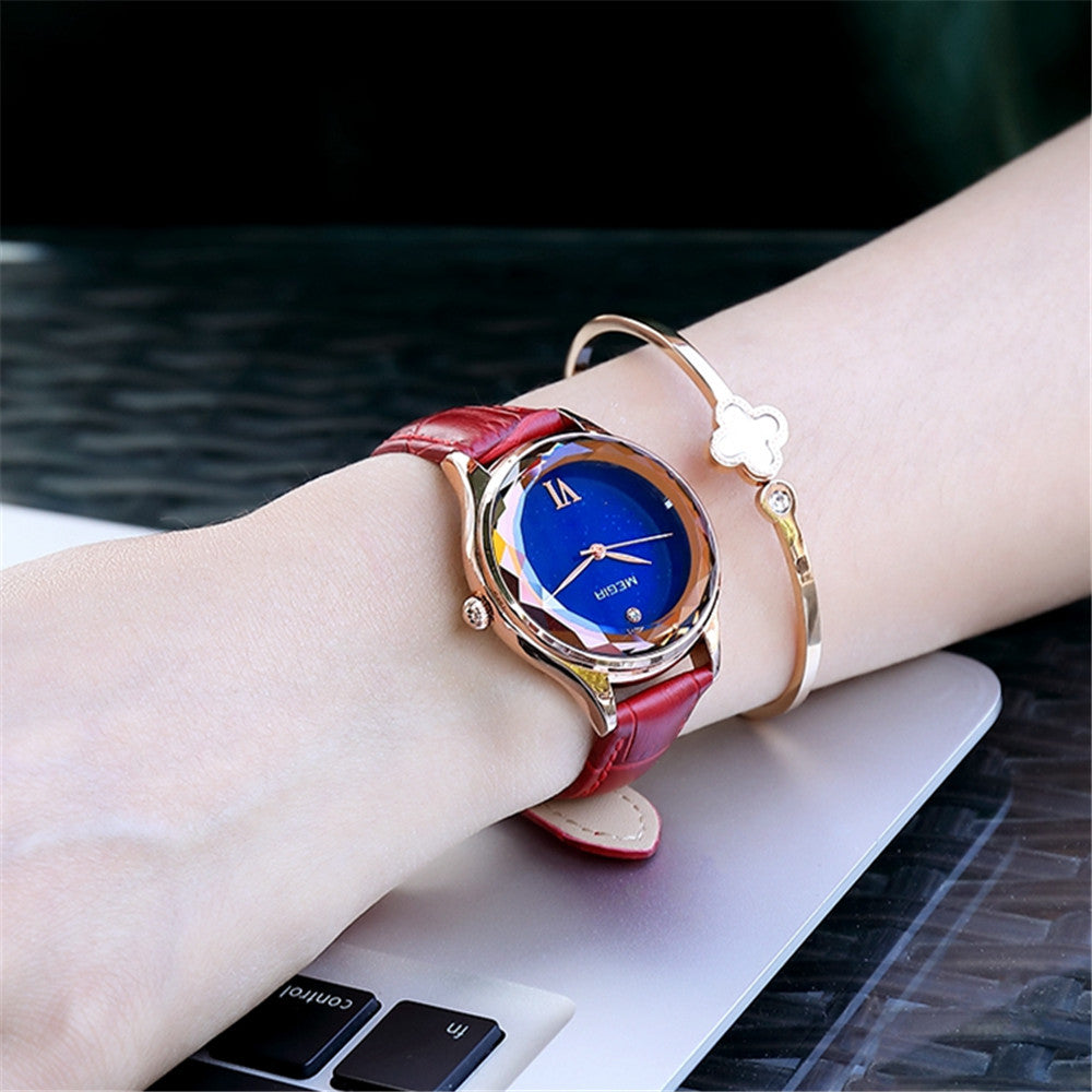 Megir women's quartz watch featuring a simple dial, leather band, and polished brass case — view 2