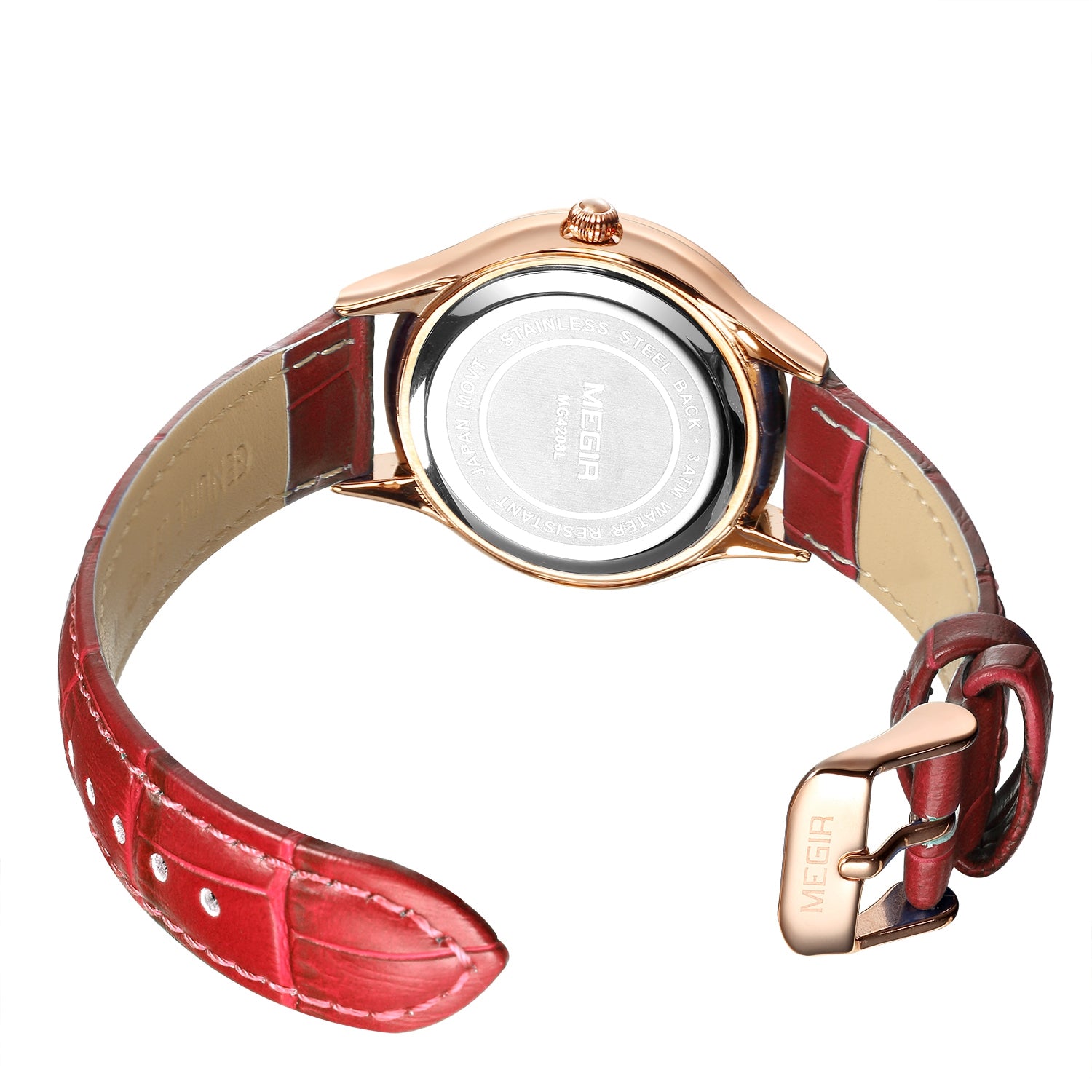 Megir women's quartz watch featuring a simple dial, leather band, and polished brass case — view 7