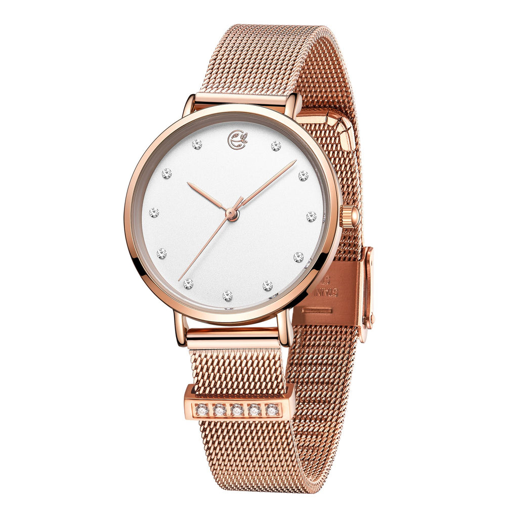 Megir women's quartz watch with elegant steel mesh bracelet and polished brass case. — view 7