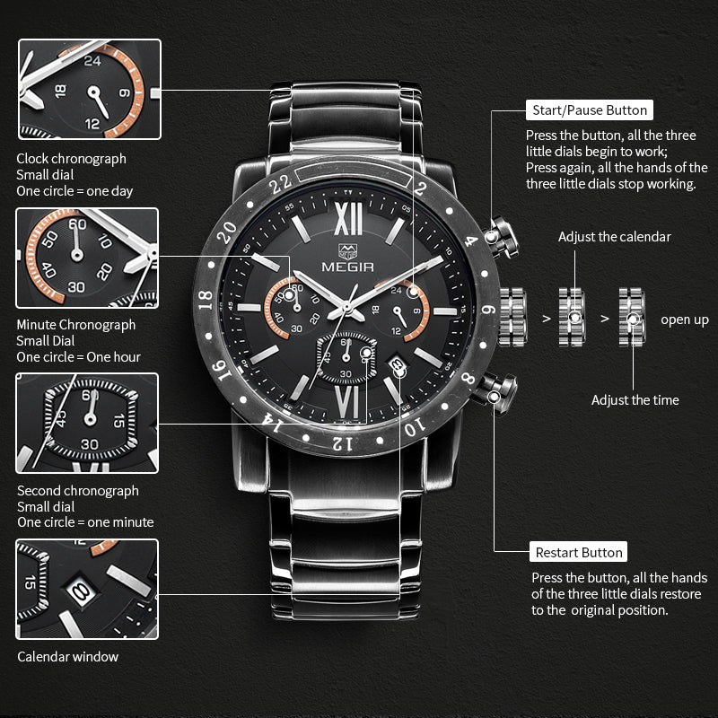 Megir men's chronograph watch with stainless steel band, multiple sub-dials, and a robust zinc alloy case. — view 6