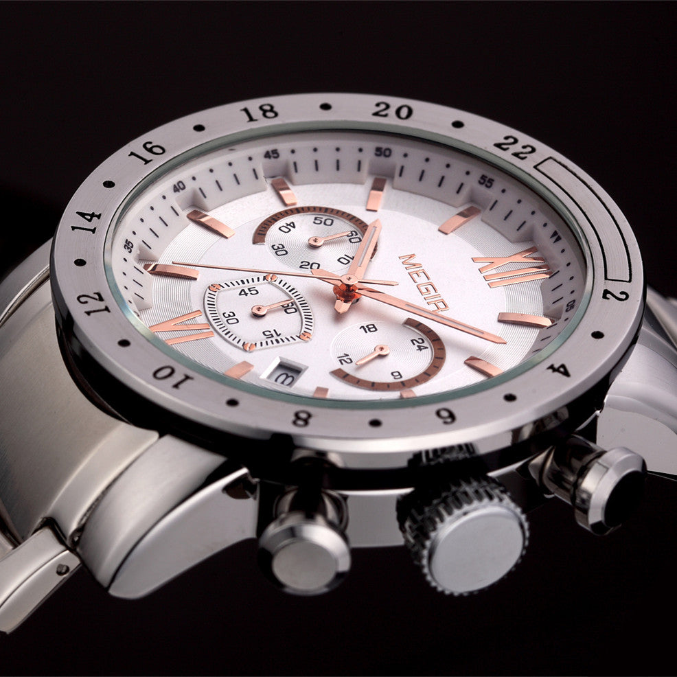 Megir men's chronograph watch with stainless steel band, multiple sub-dials, and a robust zinc alloy case. — view 8
