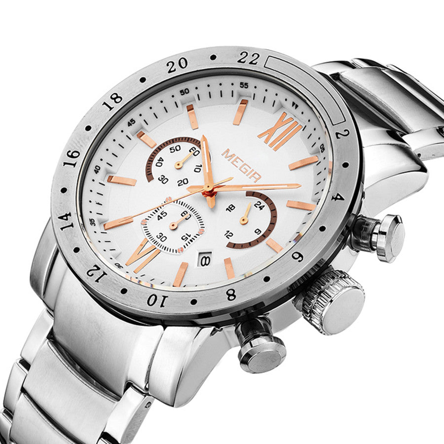 Megir men's chronograph watch with stainless steel band, multiple sub-dials, and a robust zinc alloy case. — view 9