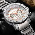 Megir men's chronograph watch with stainless steel band, multiple sub-dials, and a robust zinc alloy case.